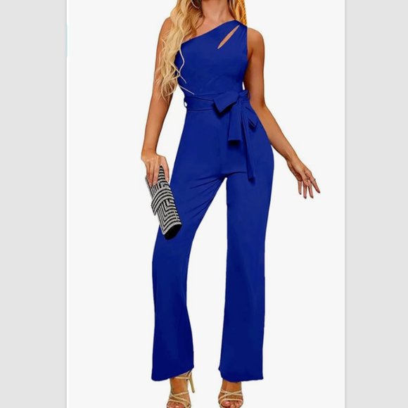 AUXDIO Womens One Shoulder Cutout Wide Leg Jumpsuit w/Belt Sz L -Royal Blue NWOT - Picture 1 of 5